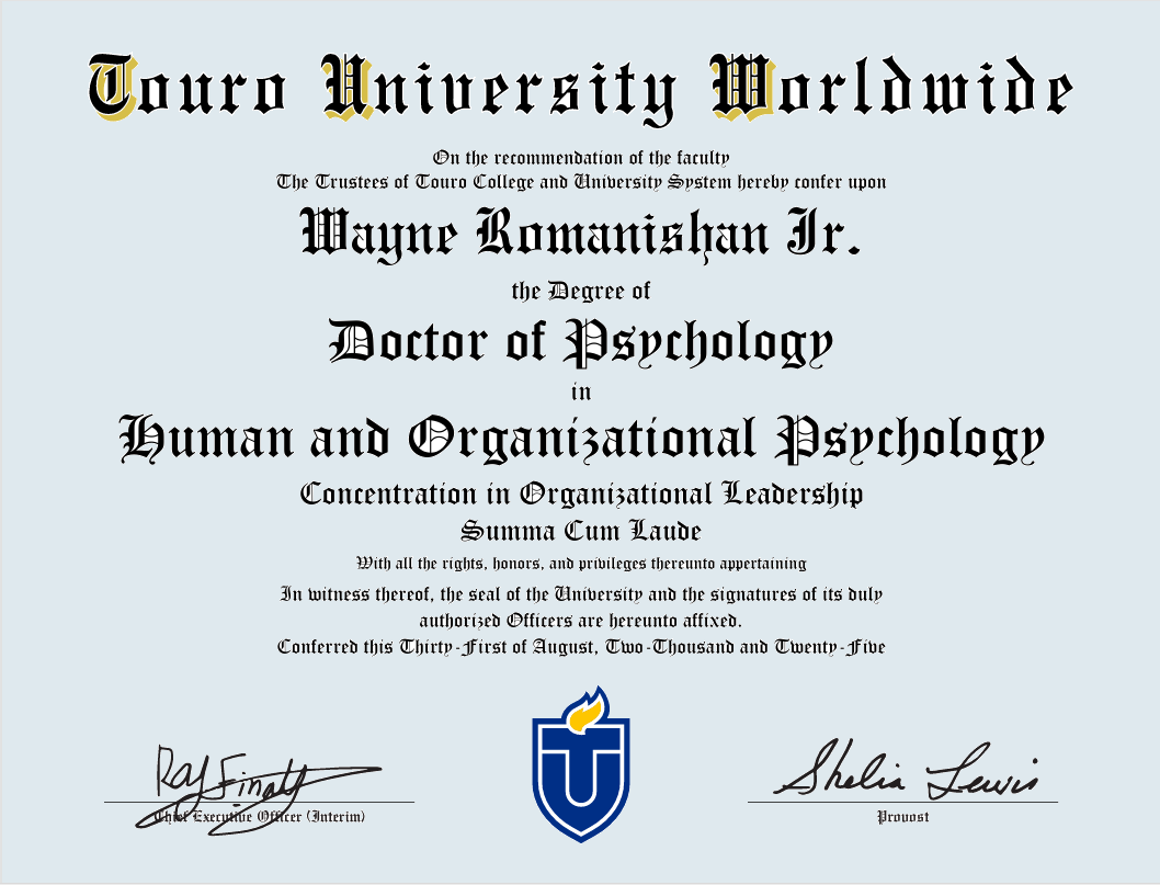 Dr. Wayne Romanishan's Doctorate Diploma